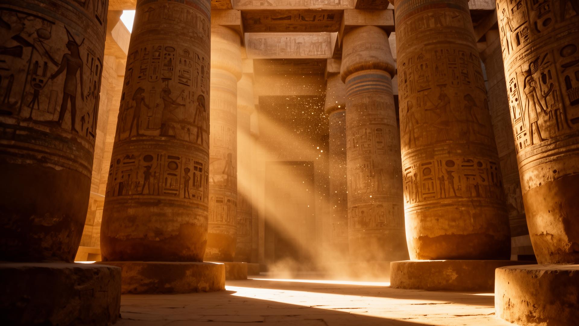 Sunlight through hieroglyph-carved columns at Karnak